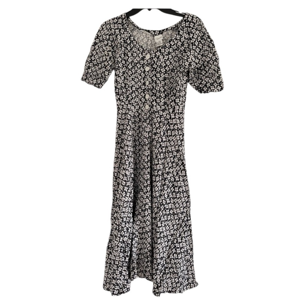 STYLEWORKS Women’s Black w/White Hibiscus Flowers Dress 100% Rayon-Size XS